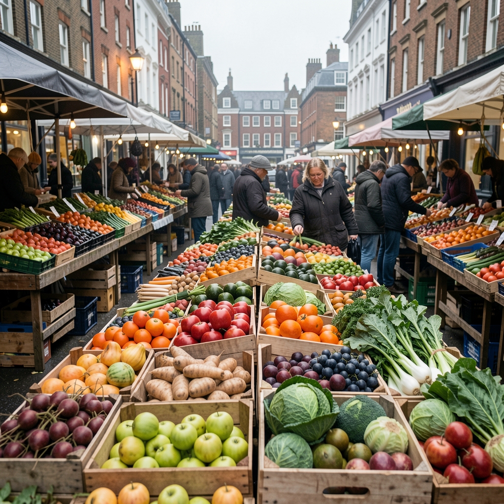 Market produce arranged in wooden crates at an early morning London farmers market, overcast natural light